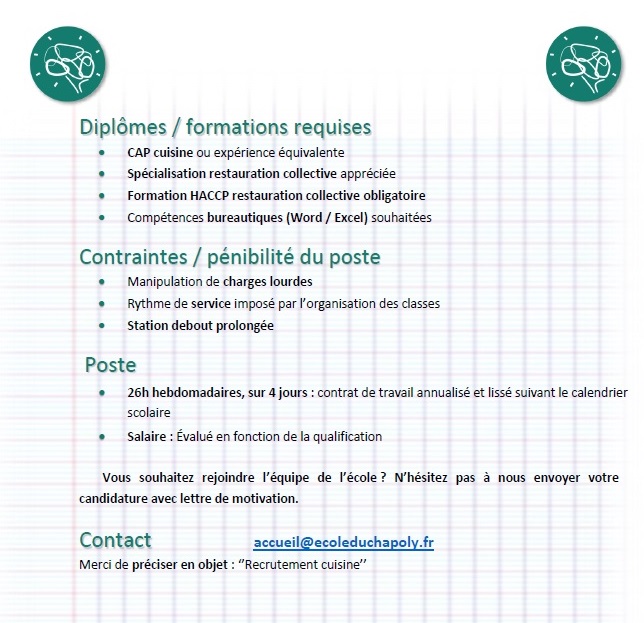 You are currently viewing Offre d’emploi cuisinier.ère responsable pour janvier 2023 – École du Chapoly (Lyon)